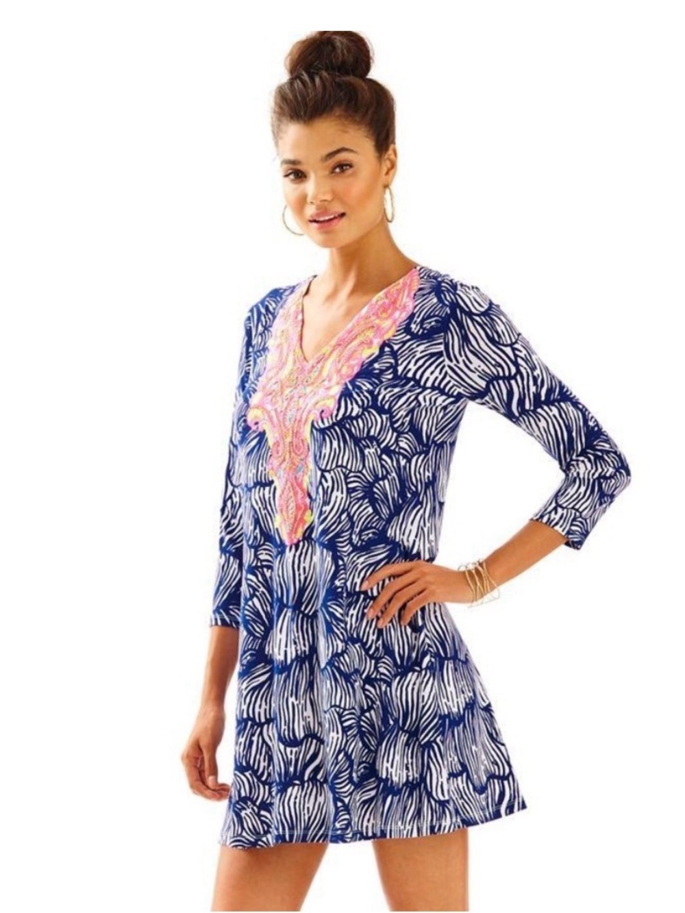 Lilly Pulitzer tunic dress features a vibrant pink and gold embroidered neckline